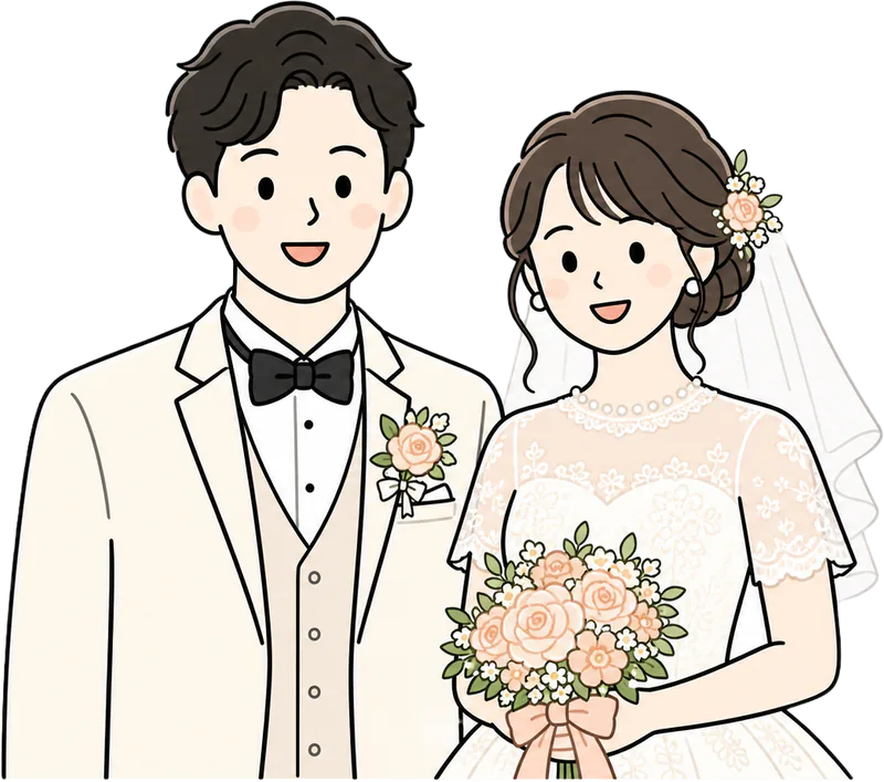 ウェディングドレスとタキシード姿の新郎新婦イラスト